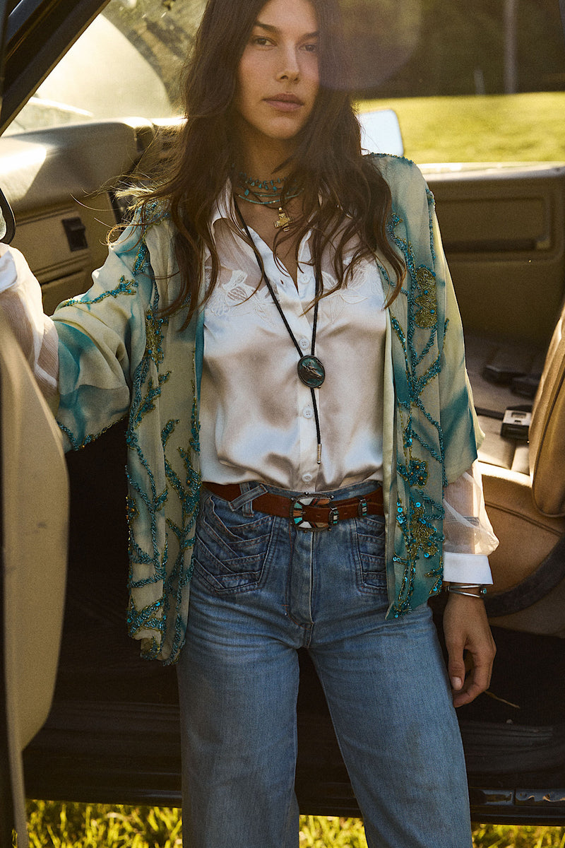 Starman Silk + Sequin Kimono Jacket - Aqua