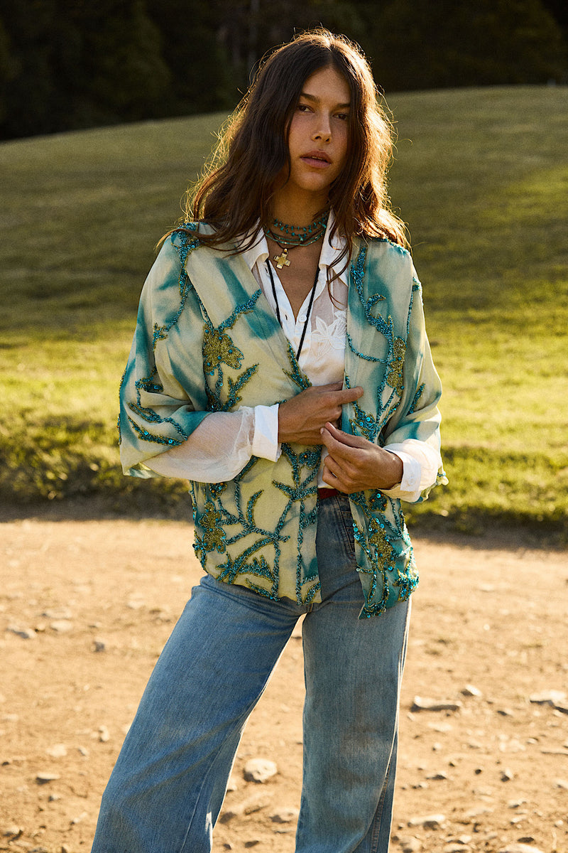 Starman Silk + Sequin Kimono Jacket - Aqua