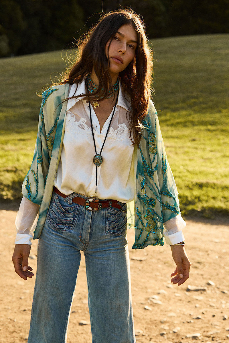 Starman Silk + Sequin Kimono Jacket - Aqua
