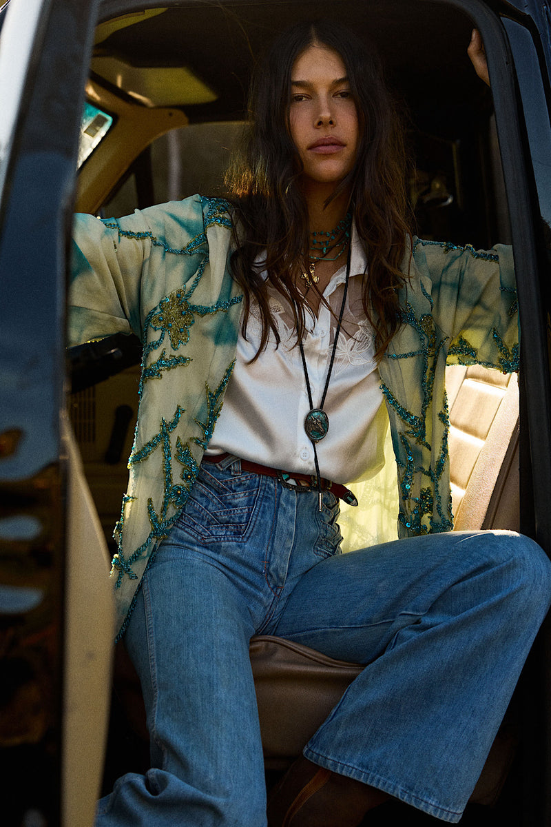 Starman Silk + Sequin Kimono Jacket - Aqua