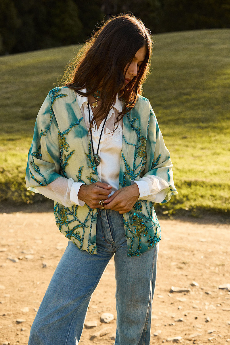 Starman Silk + Sequin Kimono Jacket - Aqua