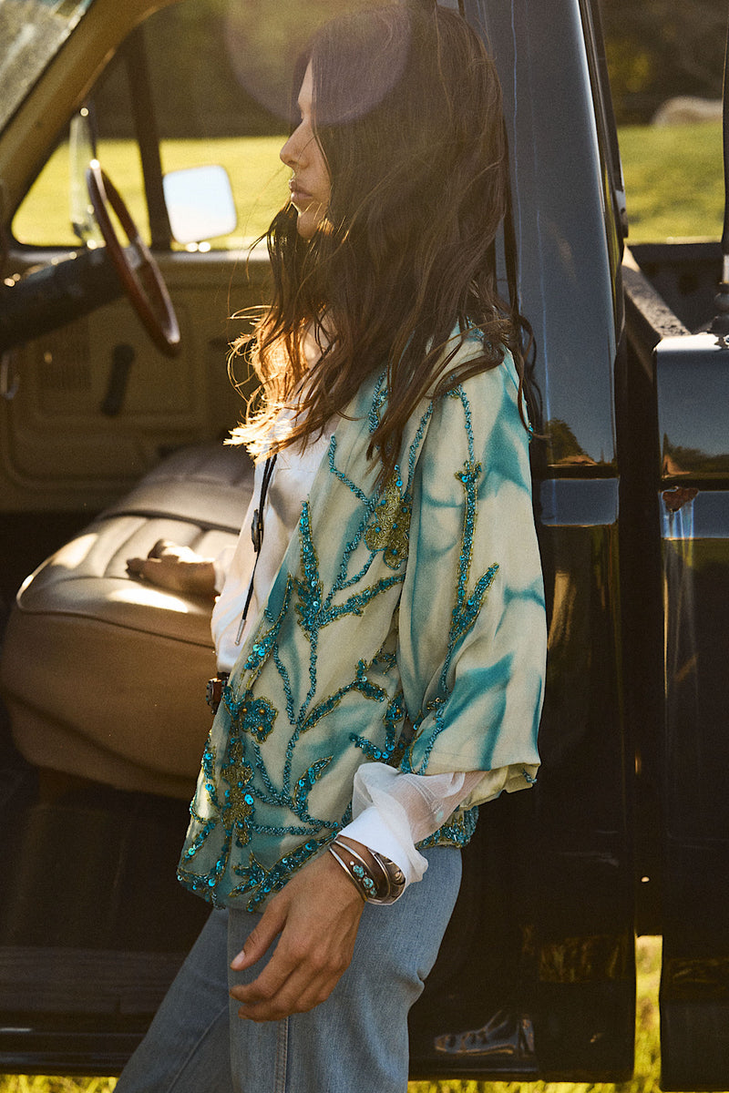Starman Silk + Sequin Kimono Jacket - Aqua