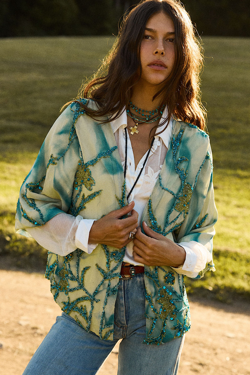 Starman Silk + Sequin Kimono Jacket - Aqua