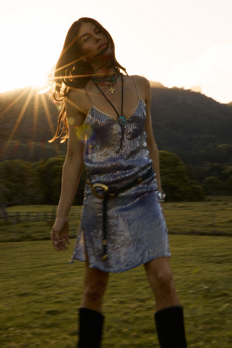 Lady Stardust Beaded Silk Mini Dress - Iridescent Blue