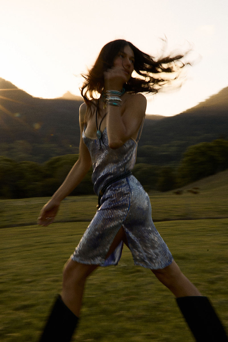 Lady Stardust Beaded Silk Mini Dress - Iridescent Blue