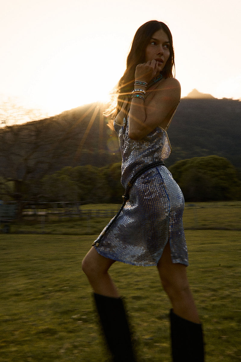 Lady Stardust Beaded Silk Mini Dress - Iridescent Blue