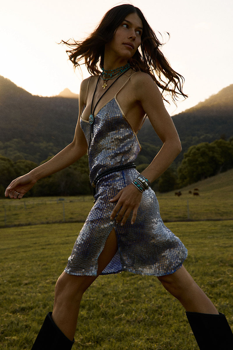 Lady Stardust Beaded Silk Mini Dress - Iridescent Blue