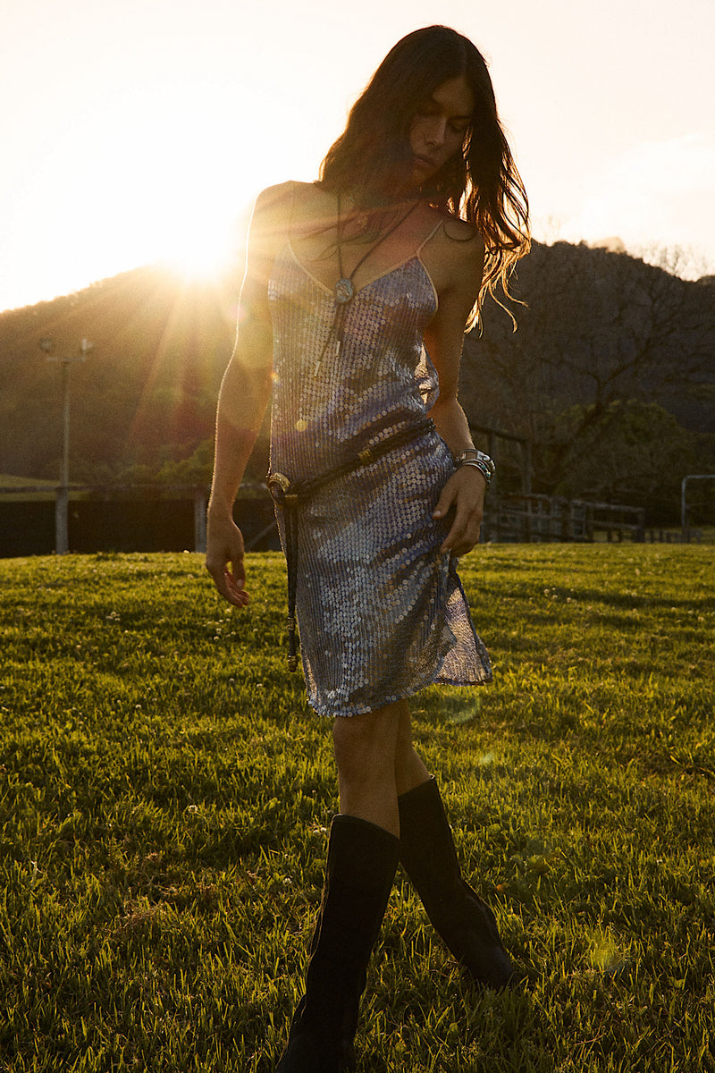 Lady Stardust Beaded Silk Mini Dress - Iridescent Blue