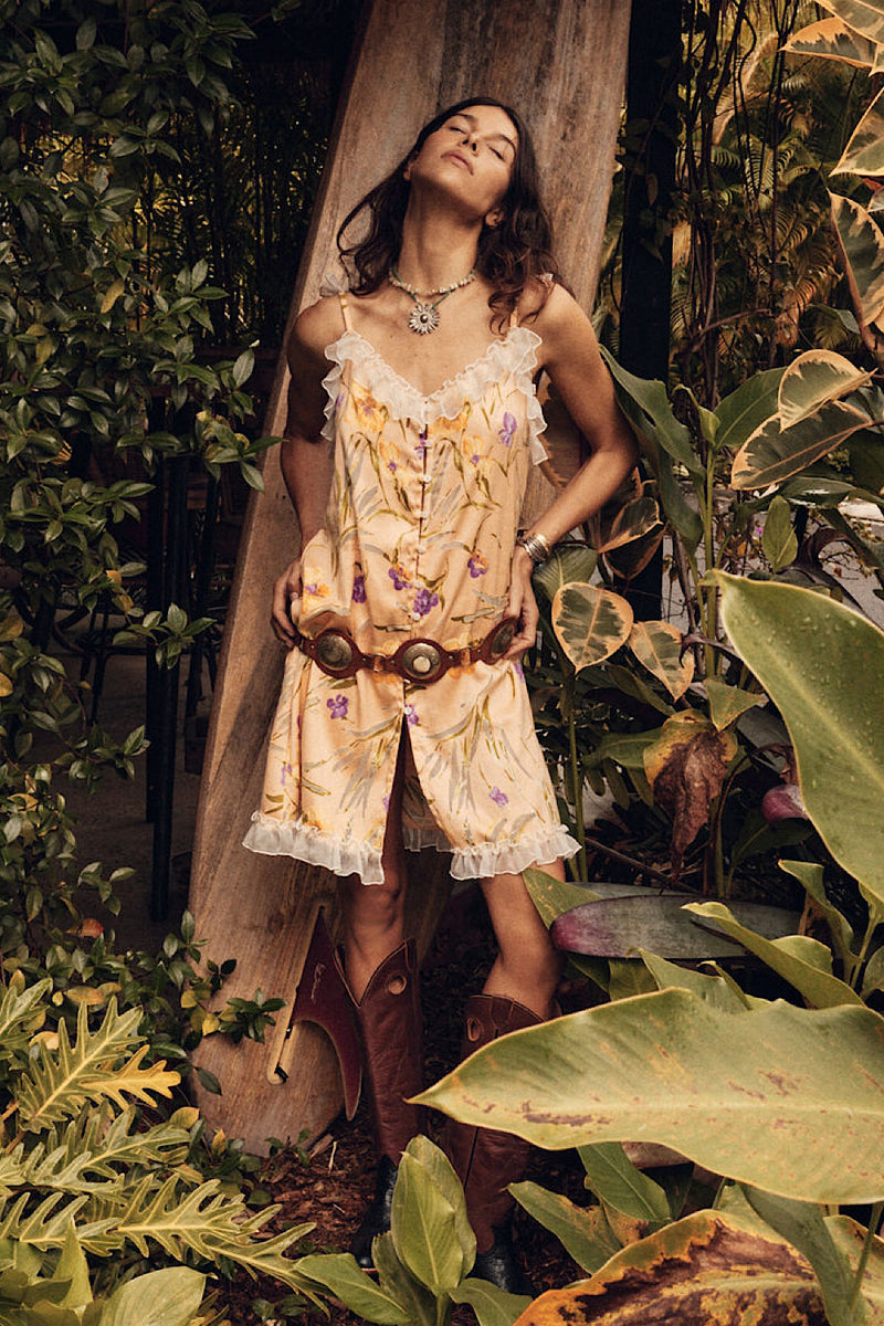 Morning Glory Silk Mini Dress - Yellow Floral
