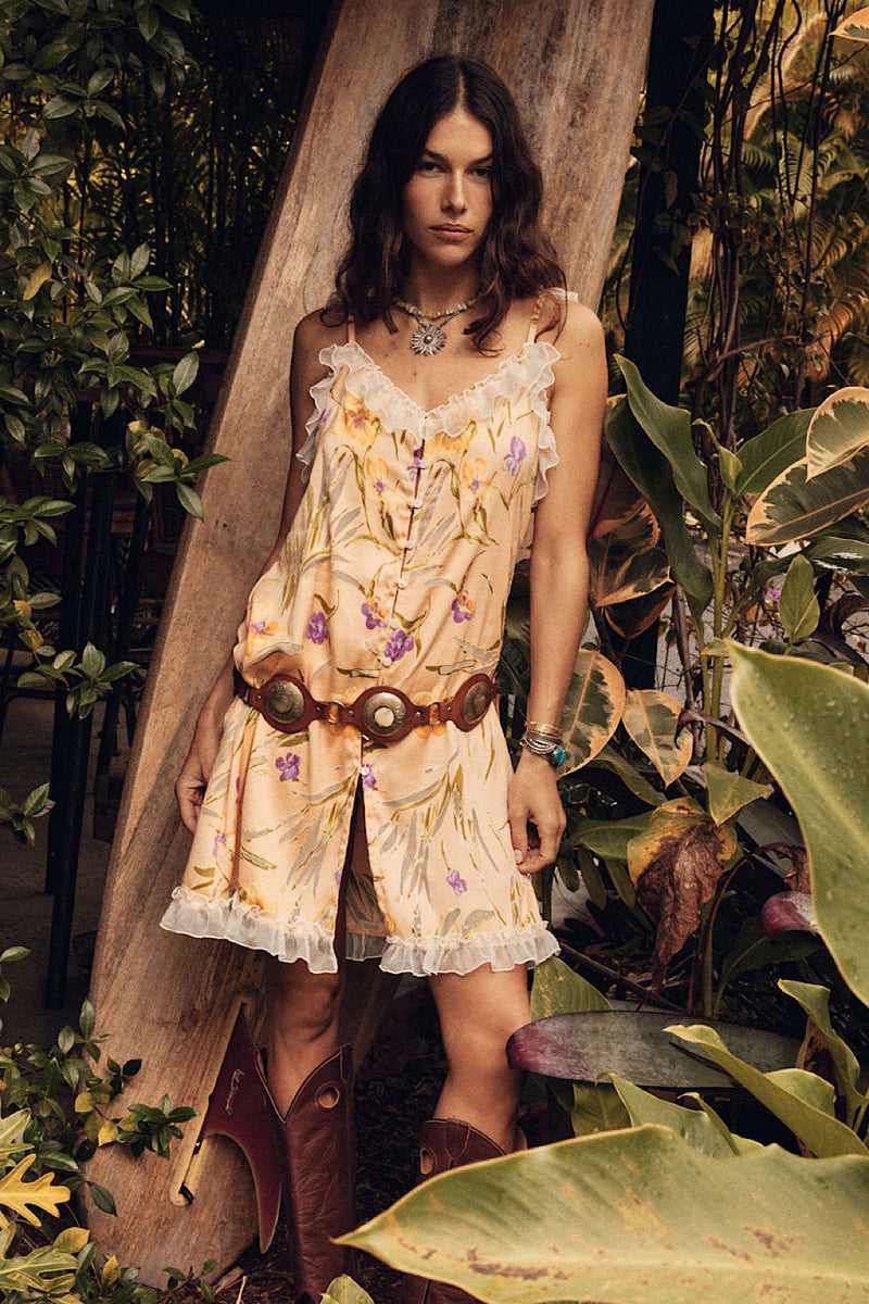 Morning Glory Silk Mini Dress - Yellow Floral