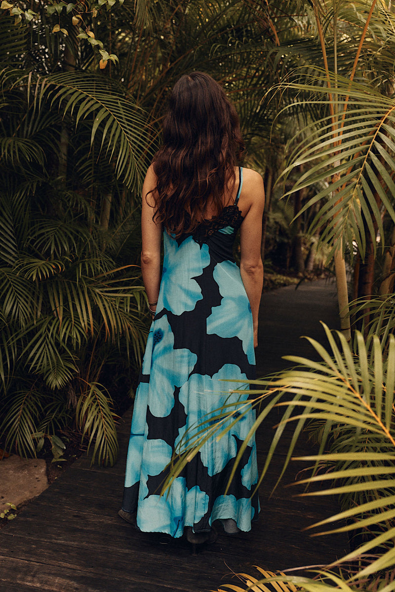 Love Me Thru The Night Silk Satin Lace Slip Maxi Dress - Blue Floral