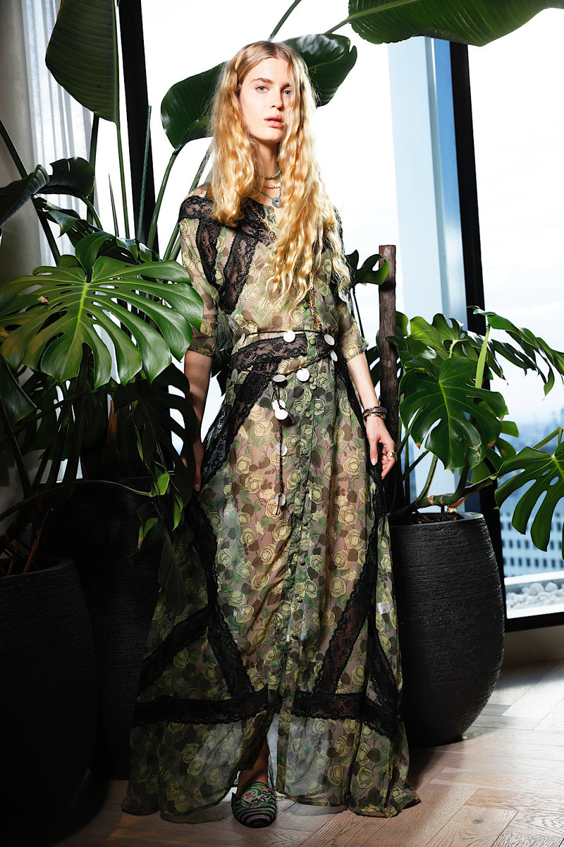 Angel Baby Silk + Lace Maxi Dress - Green Rose