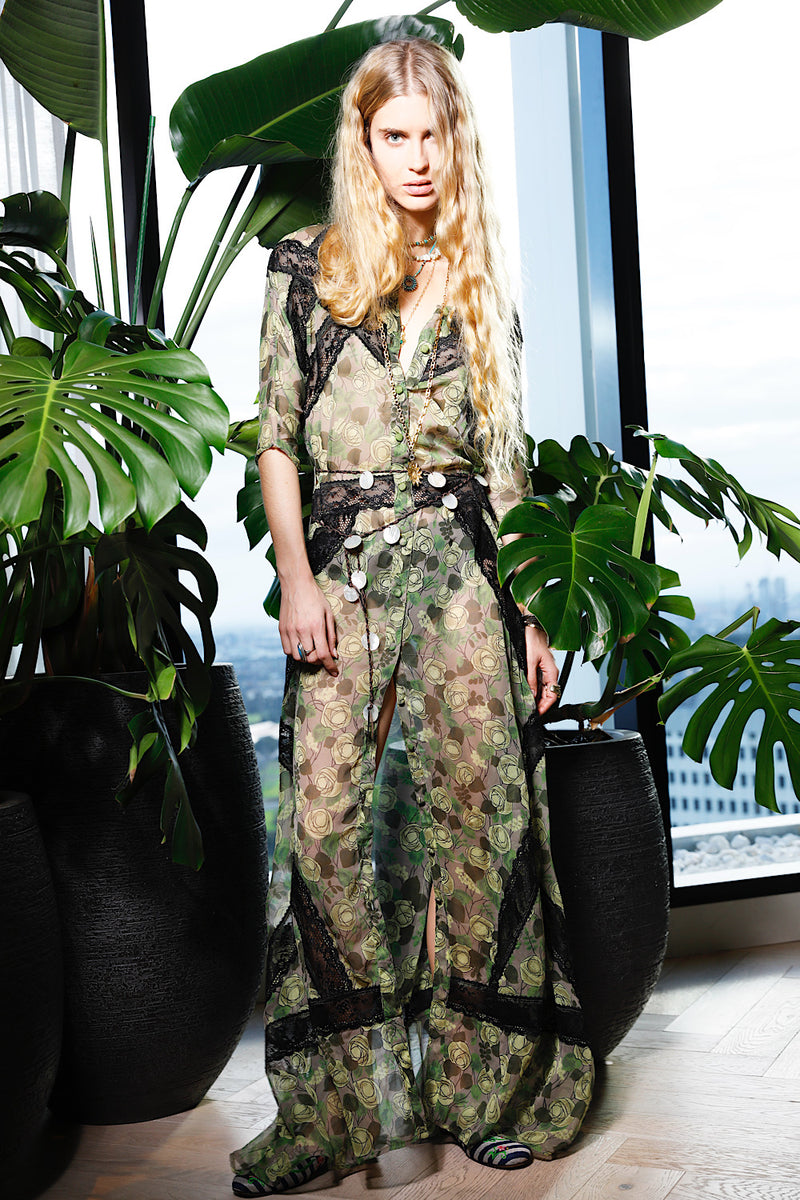 Angel Baby Silk + Lace Maxi Dress - Green Rose