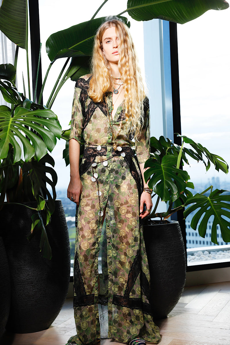 Angel Baby Silk + Lace Maxi Dress - Green Rose