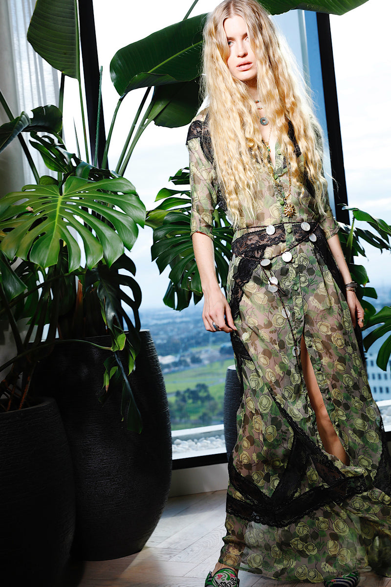 Angel Baby Silk + Lace Maxi Dress - Green Rose