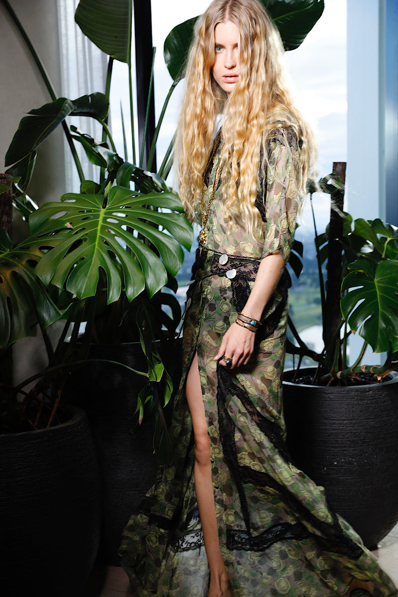 Angel Baby Silk + Lace Maxi Dress - Green Rose