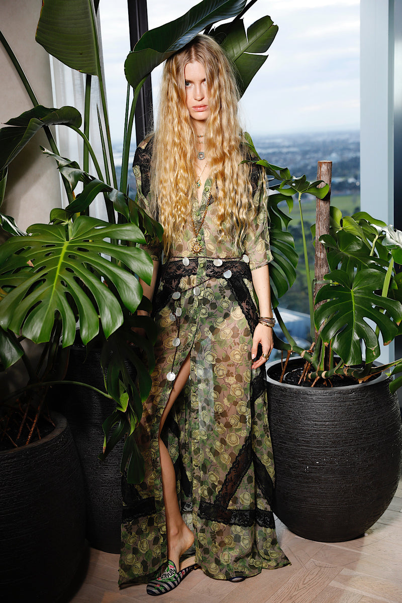 Angel Baby Silk + Lace Maxi Dress - Green Rose