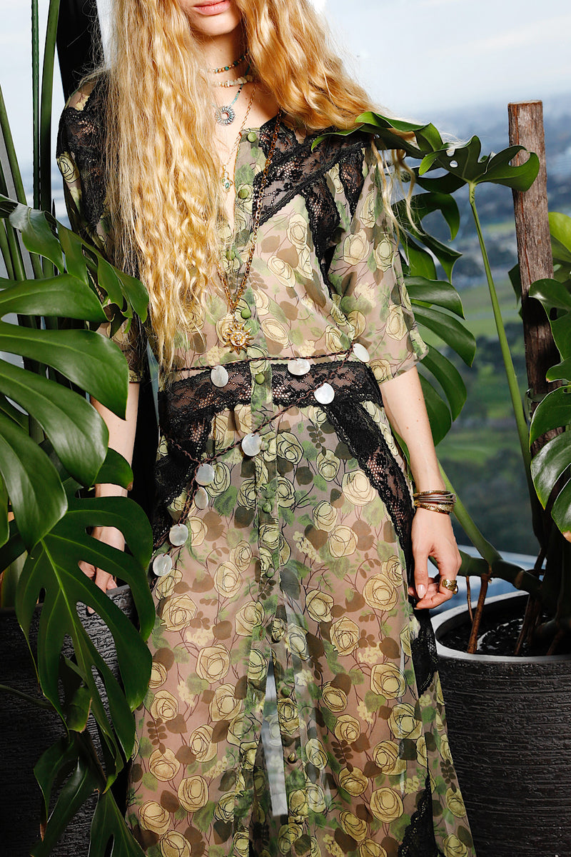Angel Baby Silk + Lace Maxi Dress - Green Rose