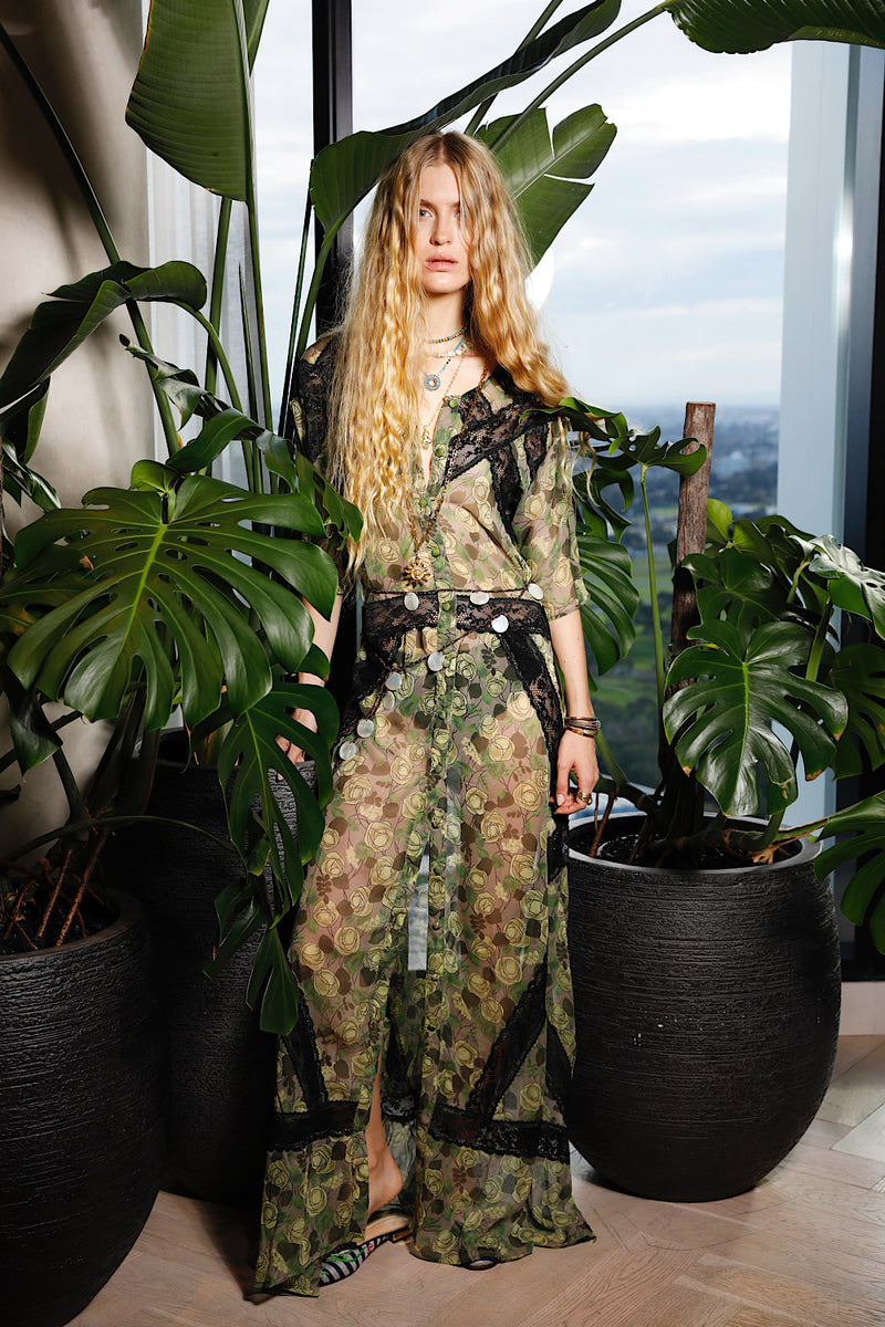 Angel Baby Silk + Lace Maxi Dress - Green Rose