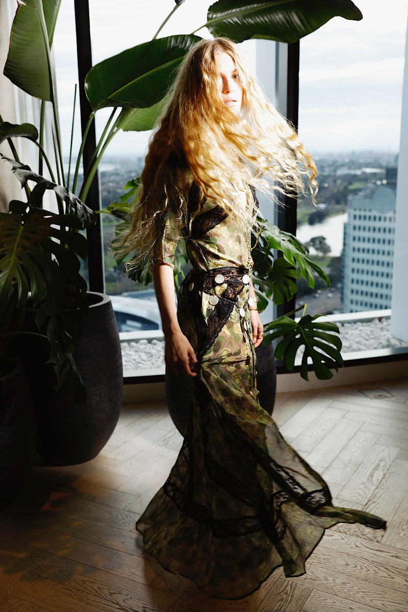 Angel Baby Silk + Lace Maxi Dress - Green Rose
