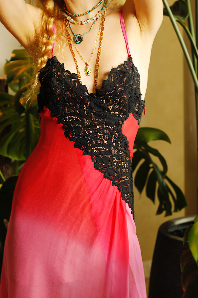 Love Me Thru The Night Silk Lace Slip Maxi Dress - Fuchsia Ombre