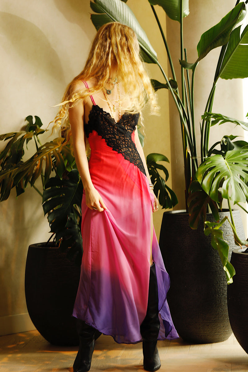 Love Me Thru The Night Silk Lace Slip Maxi Dress - Fuchsia Ombre