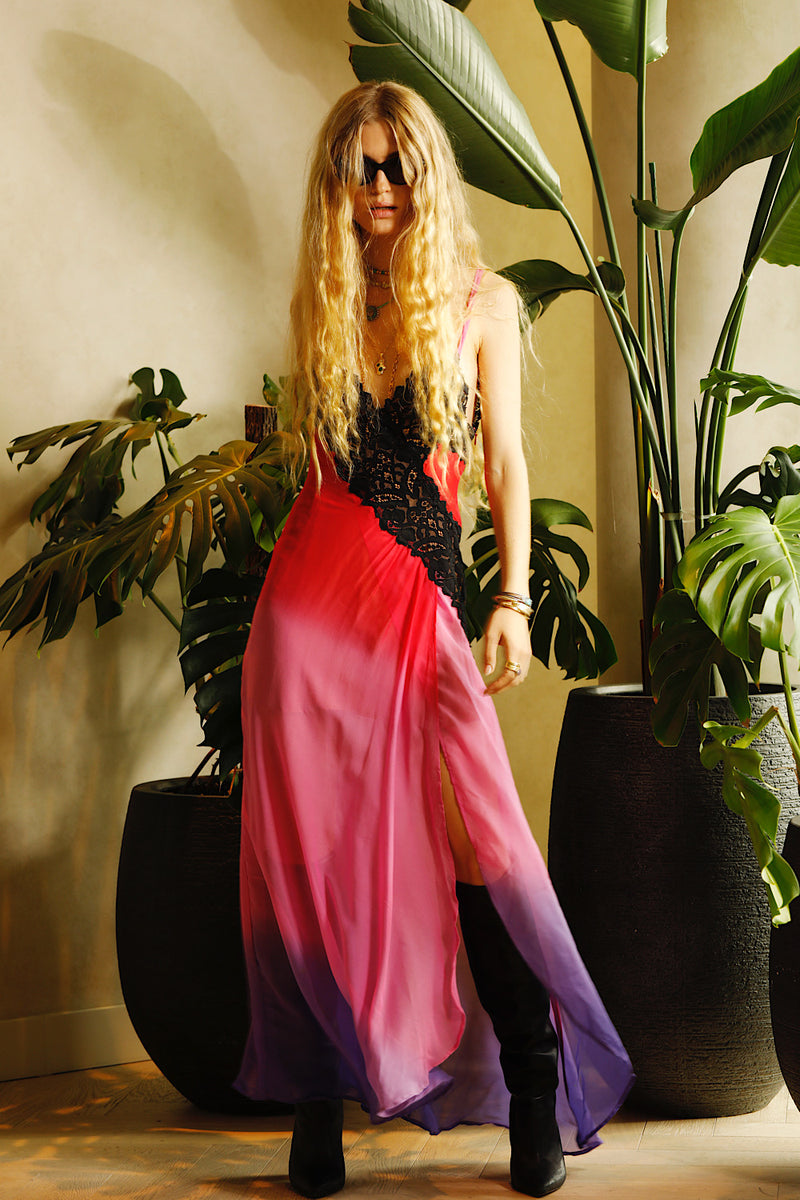 Love Me Thru The Night Silk Lace Slip Maxi Dress - Fuchsia Ombre