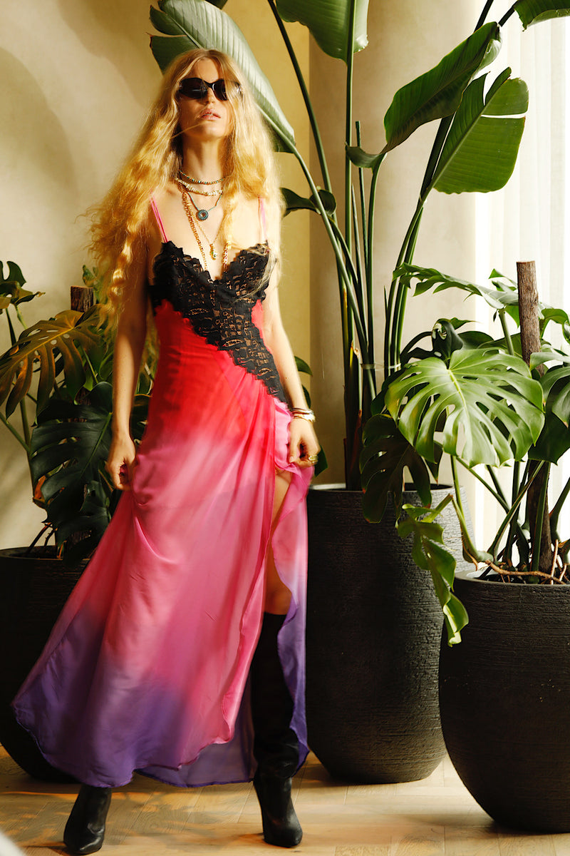 Love Me Thru The Night Silk Lace Slip Maxi Dress - Fuchsia Ombre
