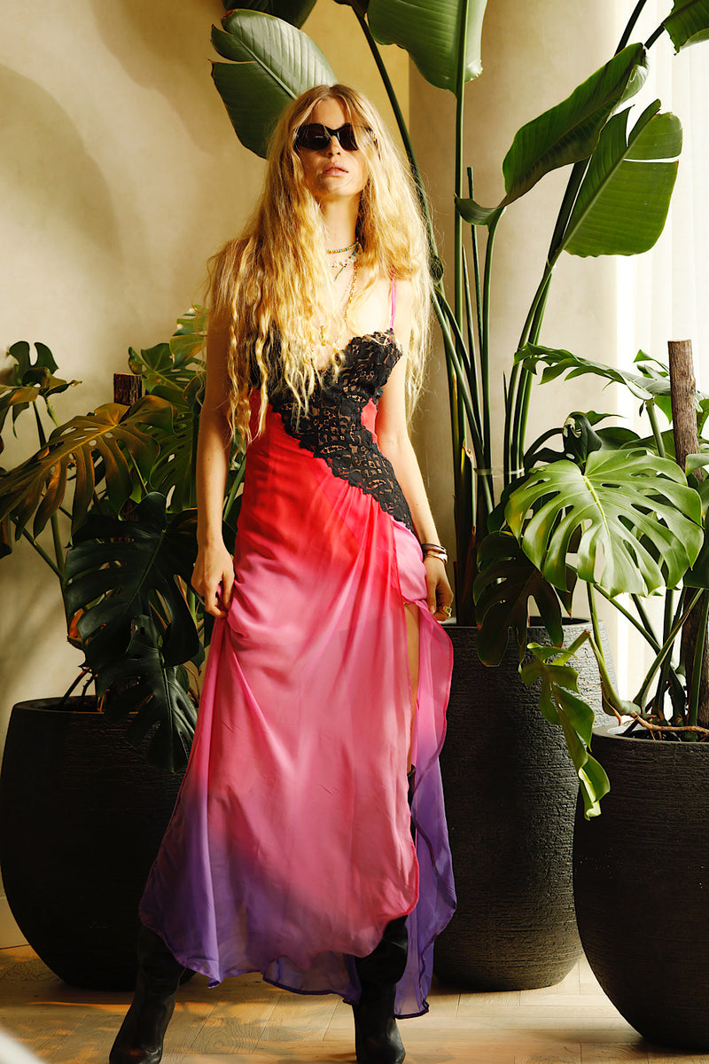 Love Me Thru The Night Silk Lace Slip Maxi Dress - Fuchsia Ombre