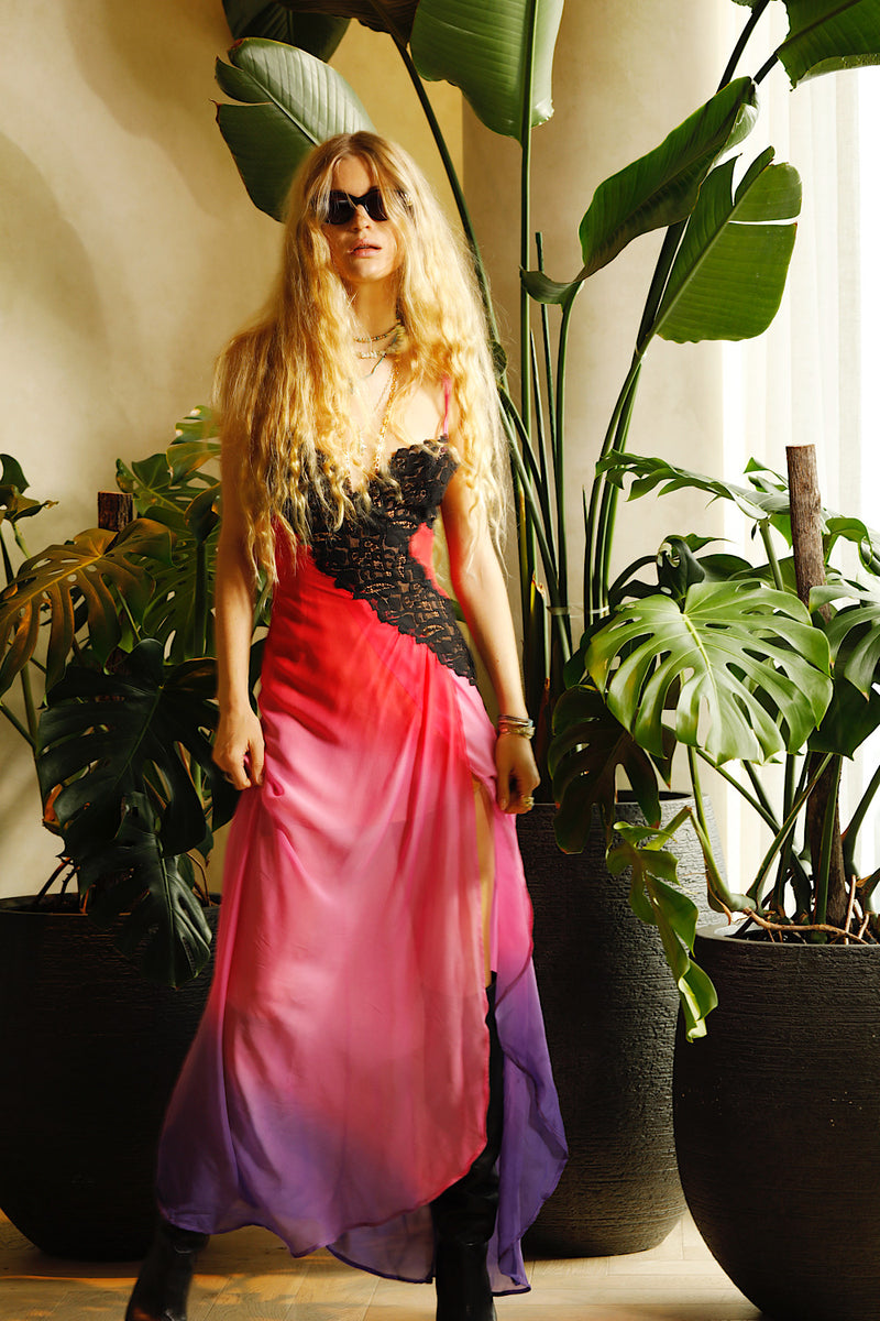 Love Me Thru The Night Silk Lace Slip Maxi Dress - Fuchsia Ombre