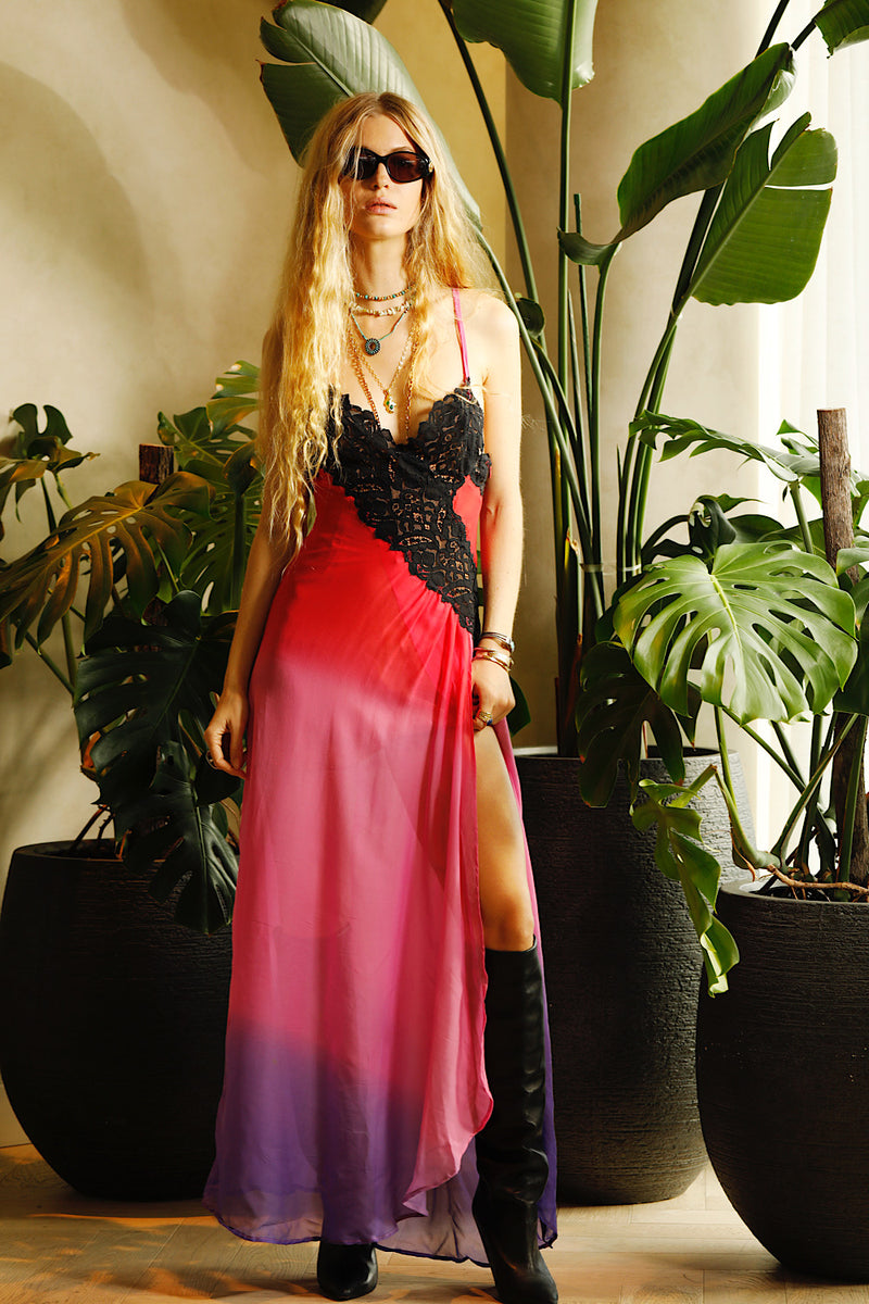 Love Me Thru The Night Silk Lace Slip Maxi Dress - Fuchsia Ombre