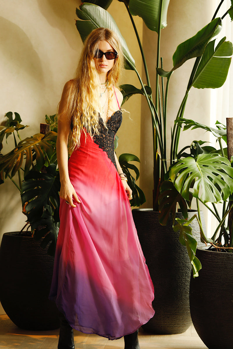 Love Me Thru The Night Silk Lace Slip Maxi Dress - Fuchsia Ombre