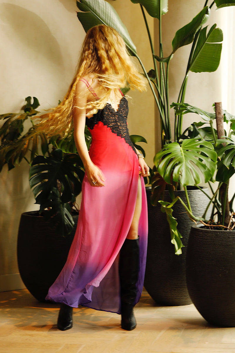 Love Me Thru The Night Silk Lace Slip Maxi Dress - Fuchsia Ombre