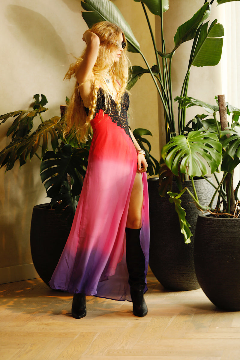Love Me Thru The Night Silk Lace Slip Maxi Dress - Fuchsia Ombre