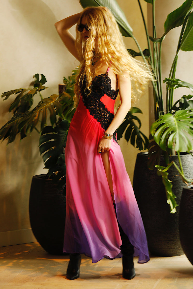 Love Me Thru The Night Silk Lace Slip Maxi Dress - Fuchsia Ombre