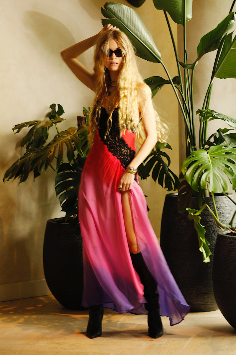 Love Me Thru The Night Silk Lace Slip Maxi Dress - Fuchsia Ombre