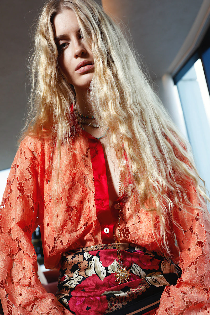 Lorelei Lace + Silk Satin Long Sleeve Shirt - Tangerine