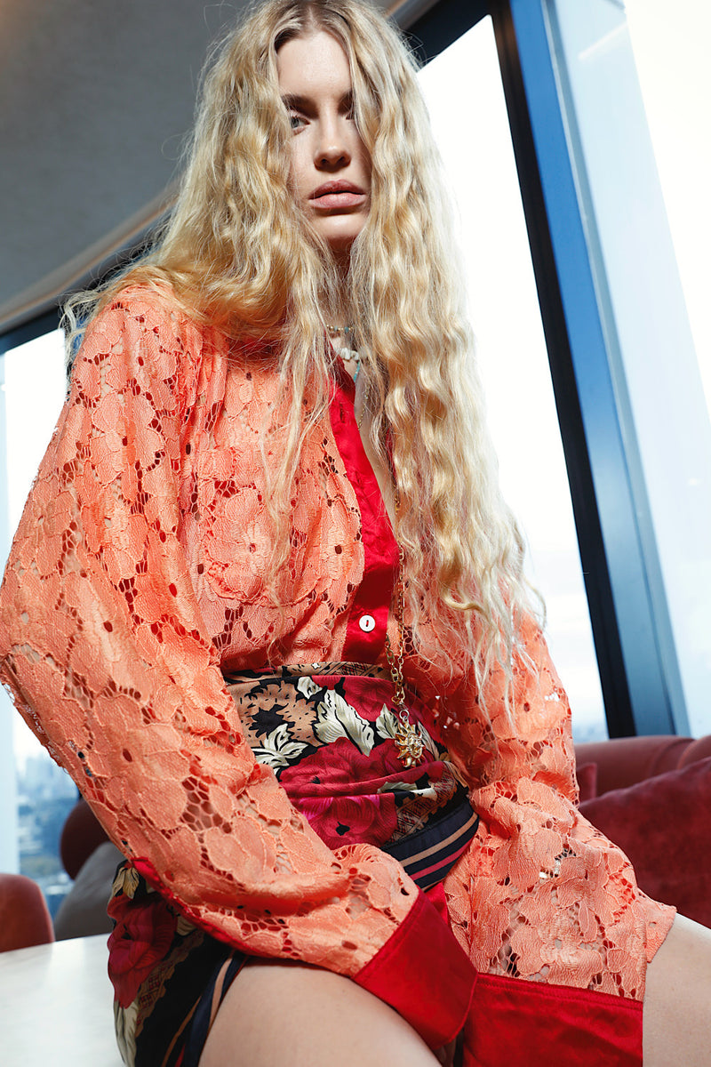 Lorelei Lace + Silk Satin Long Sleeve Shirt - Tangerine