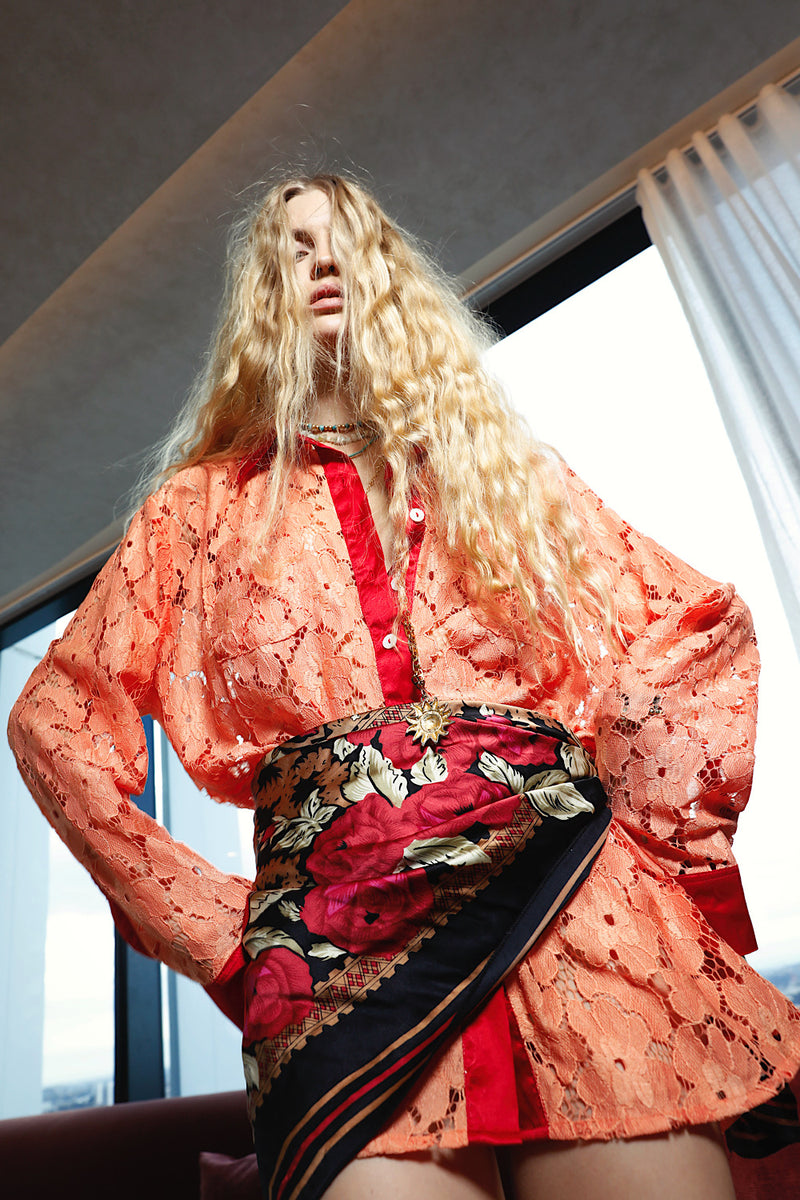 Lorelei Lace + Silk Satin Long Sleeve Shirt - Tangerine