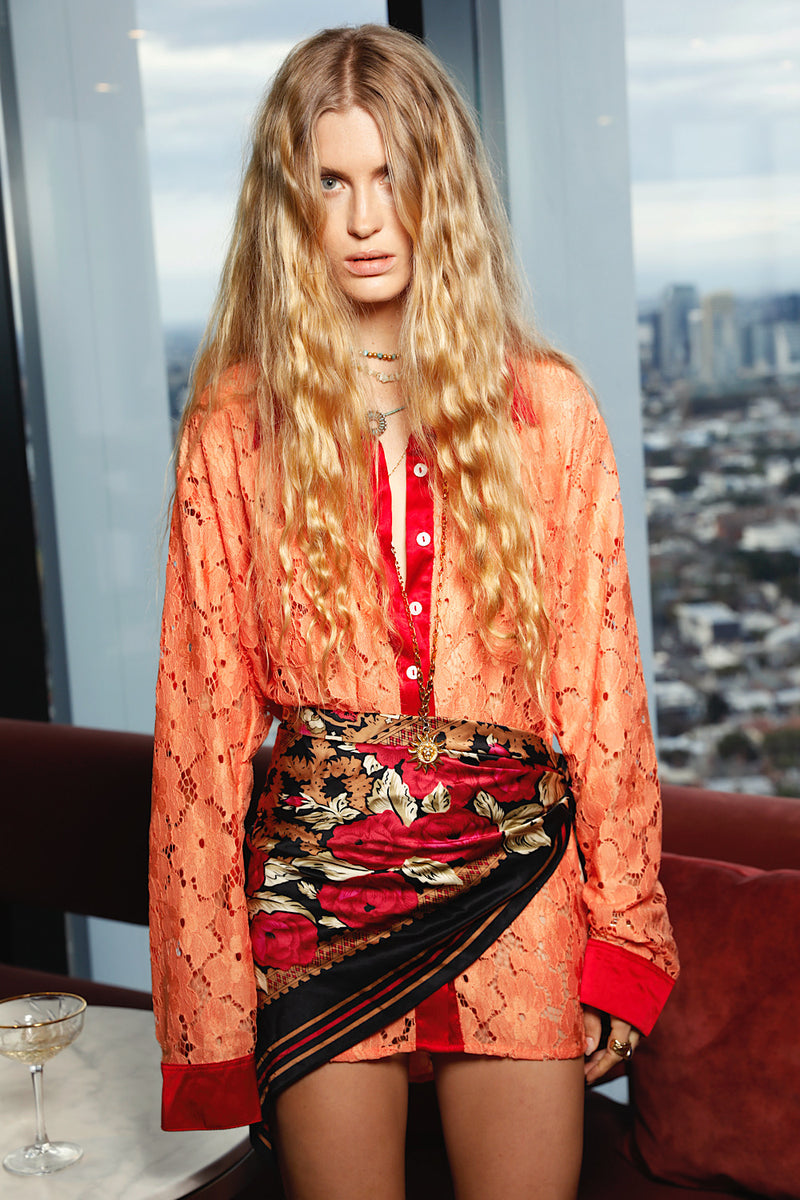 Lorelei Lace + Silk Satin Long Sleeve Shirt - Tangerine
