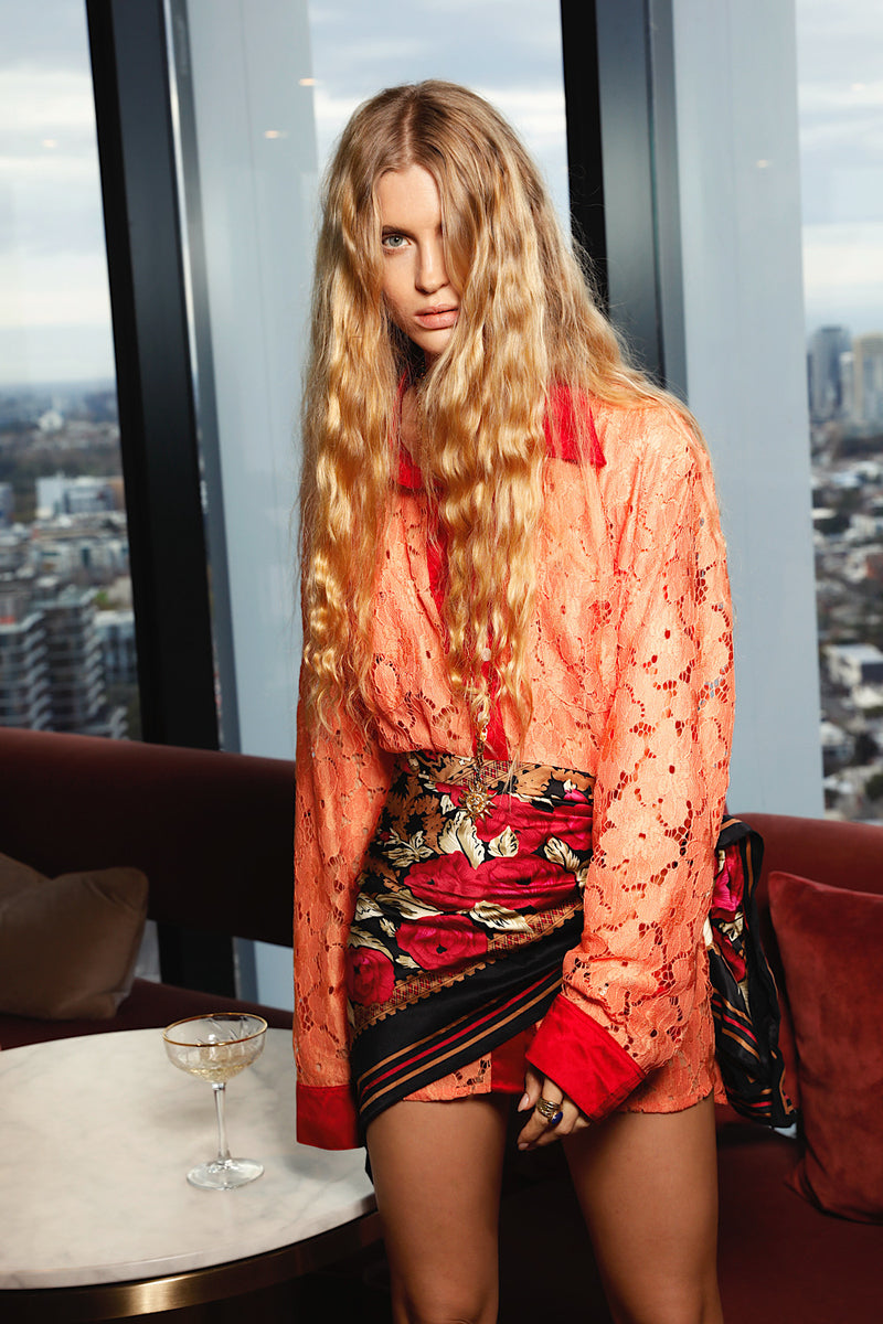 Lorelei Lace + Silk Satin Long Sleeve Shirt - Tangerine