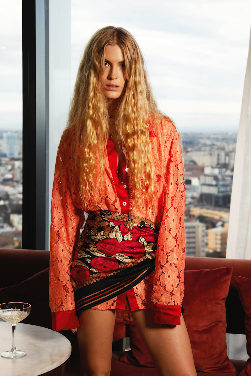 Lorelei Lace + Silk Satin Long Sleeve Shirt - Tangerine
