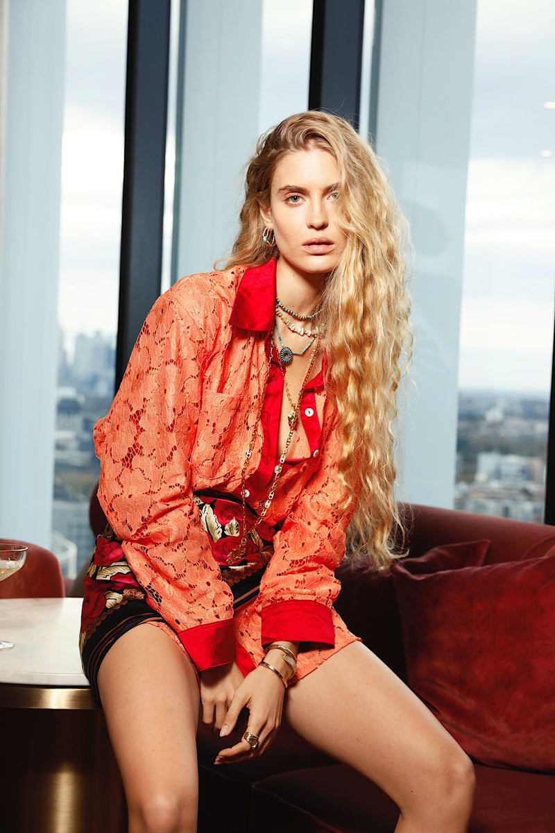 Lorelei Lace + Silk Satin Long Sleeve Shirt - Tangerine