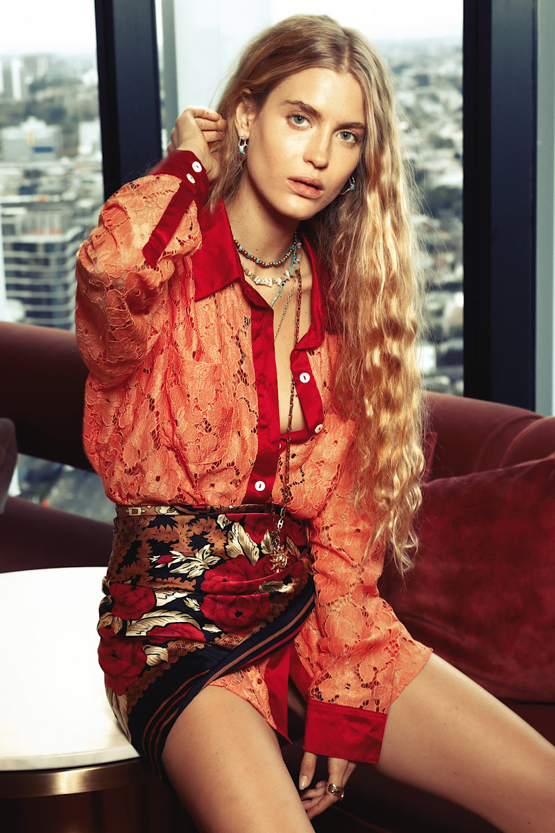 Lorelei Lace + Silk Satin Long Sleeve Shirt - Tangerine