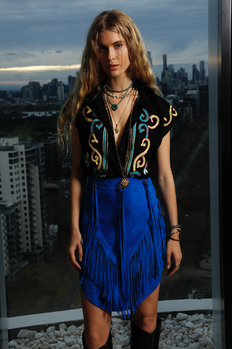 Bluebird Suede Fringe Skirt