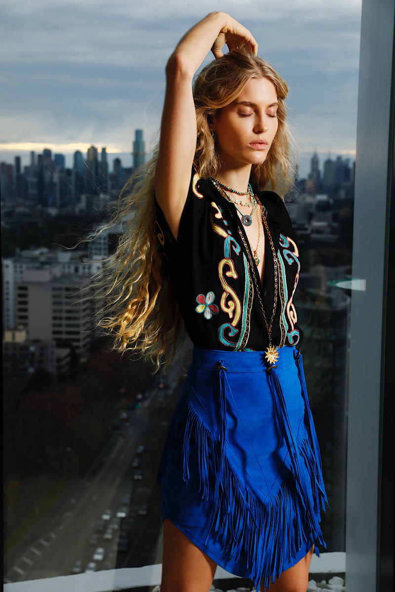 Bluebird Suede Fringe Skirt
