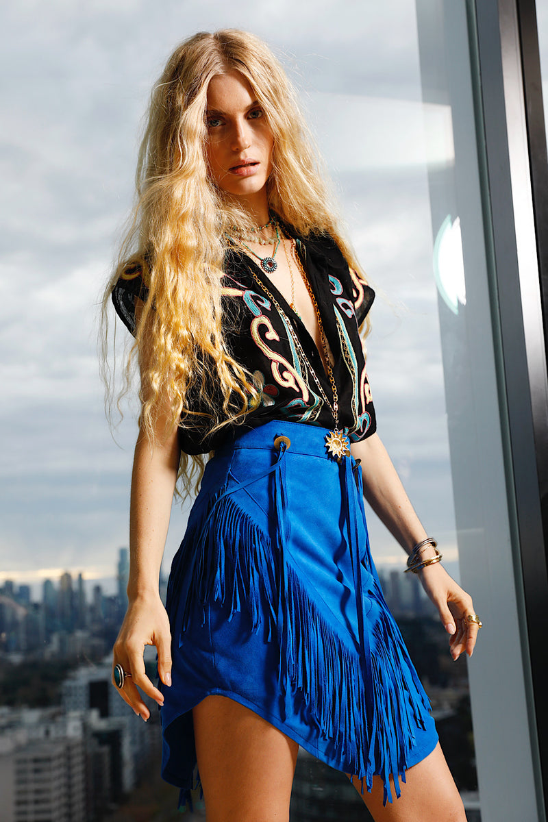 Bluebird Suede Fringe Skirt