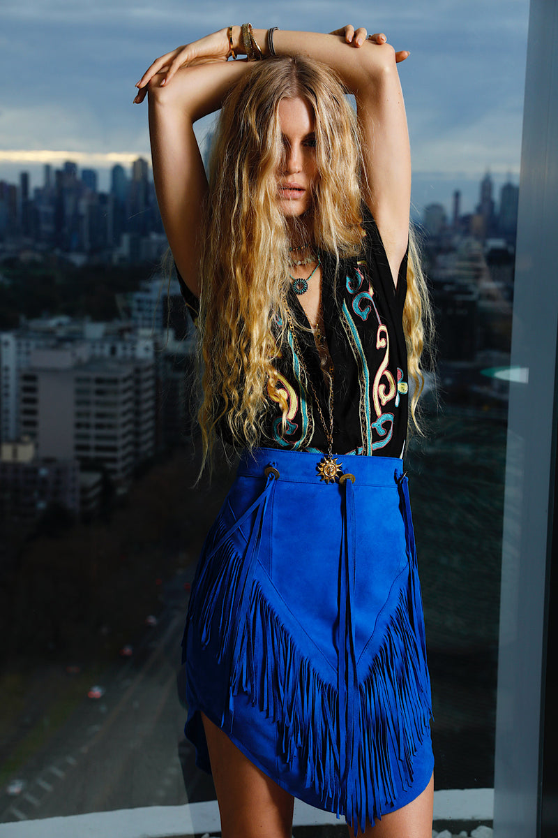 Bluebird Suede Fringe Skirt
