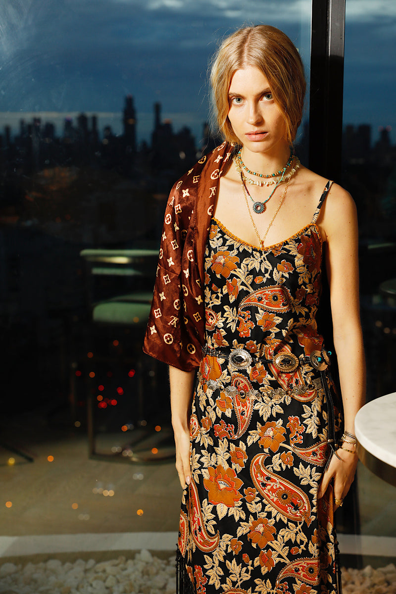 Wonderful Tonight Silk + Fringe Slip Dress - Midnight Paisley