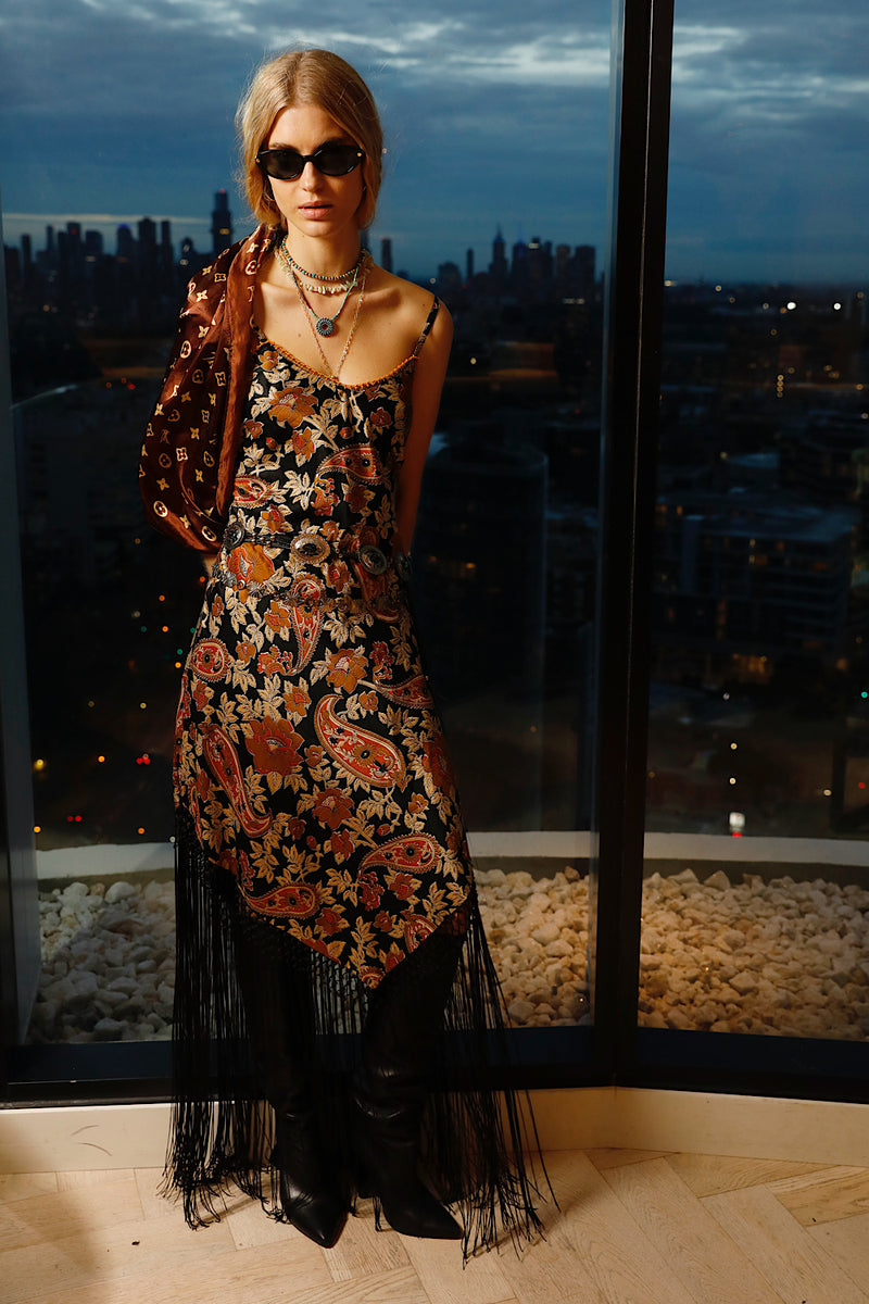Wonderful Tonight Silk + Fringe Slip Dress - Midnight Paisley
